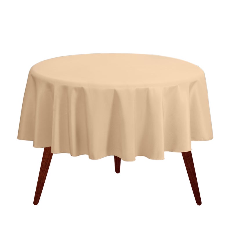 Gee Di Moda Round Tablecloth - 120 Inch Beige Round Table Cloth for 60 to 96 Inch Round Tables - Heavy Duty Washable Fabric - for Buffet Table, Holiday Party, Dinner, Wedding & Baby Shower - Image 1